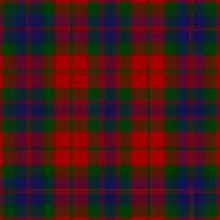 A tartan with a red ground, and green and blue bands, and thin over-checks of green, blue, and red in various places