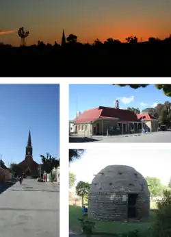 Top: skyline of Fraserburg at dusk. Left: the Dutch Reformed Church on the main street. Middle right: town's post office. Bottom right: a corbelled house built by Trekboers before the town was established.
