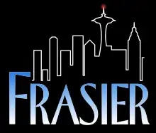 The title caption has the similar "FRASIER" logo, black background, and line drawing of Downtown Seattle. Each episode has a different animated gag. The above gag from the pilot episode, "The Good Son", has a lit antenna spire at the observation tower, Space Needle, one of Seattle's landmarks.