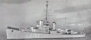 Port side view of Free French Destroyer Escort Hova (F704).