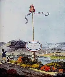 A liberty pole marking the French border at the  Moselle river (modern Luxembourg) in 1793, drawn by Johann Wolfgang von Goethe. "Cette terre est libre" ("this land is free")