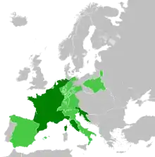 Map of Europe. French Empire shown as bigger than present day France as it included parts of present-day Netherlands and Italy.