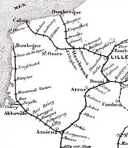 Map of French railways in 1853 before the section from Hazebrouck to Arras was built