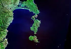 The Freycinet Peninsula and Schouten Island, as seen from NASA space (false colour)