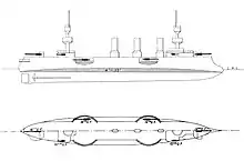 Simple sketch of a ship with a bulbous bow, two large masts, three smoke stacks, and four elliptical sponsons projecting from the sides of the vessel to carry the guns.