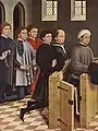 Friedrich Herlin, 1462–5. Typically for Germany, the highest status men (with kneelers) have fur (?) hats, whilst the sons with chaperons kneel on the floor.