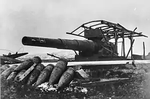 A 24 cm railroad gun captured by the Russians during the Petsamo–Kirkenes Offensive.