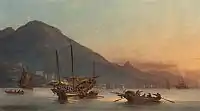 Junks, sampans and western shipping lying off Hong Kong at dusk