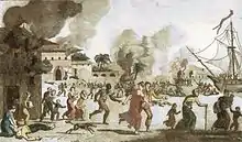 Image 25Illustration circa 1815 showing "Incendie du Cap" (Burning of Cape Francais) during the Haitian Revolution. The caption reads: "General revolt of the Blacks. Massacre of the Whites". (from History of the Caribbean)