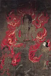 Kamakura period painting at Daigo-ji, Kyoto showing Acala with Kiṃkara and Ceṭaka