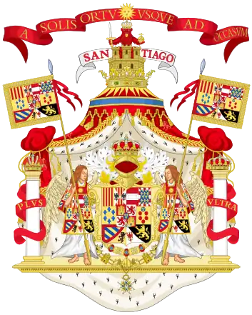 Full armorial achievement of the Monarch of Spain since Charles III with the Crest of the Castle and the Lion