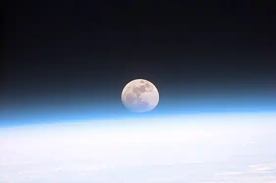 Image 4Astronauts aboard the Space Shuttle Discovery recorded this rarely seen phenomenon of the full Moon partially obscured by the atmosphere of Earth. The image was recorded with an electronic still camera at 15:15:15 GMT, Dec. 21, 1999. (Credit: NASA.) (from Portal:Earth sciences/Selected pictures)