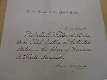 Paper on which Fuller's chief justice nomination is written.