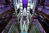 Top view of a fully Integrated GSLV-F08 inside the Vehicle Assembly Building.