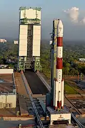 A PSLV-XL launch vehicle stationed at a launch pad