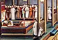 Painting depicting Tonkinese Catholics in traditional attires paying respects at the funeral of a martyred priest.