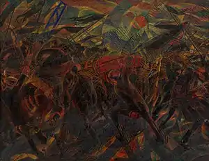 Abstract-representations of humans and horses baring black banners. A red casket is carried at the center beneath a shining sun.