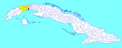 Güira de Melena municipality (red) within  Artemisa Province (yellow) and Cuba
