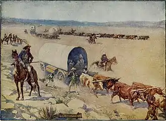 A romantic depiction of settlers in covered wagons, driving lifestock