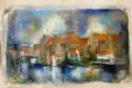 Waterfront scene, oil on paper, 26x40