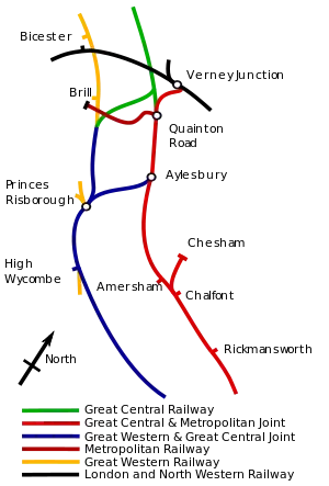 A map shows the joint Great Western route parallel to the Met's Route. A joint railway links the two at Aylesbury; a Great Central Railway links the two before Brill.