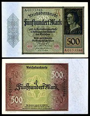 Jakob Meyer zum Pfeil depicted on a 1922 500 Mark Weimar Republic banknote