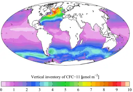 "Present day" (1990s) CFC-11 oceanic vertical inventory