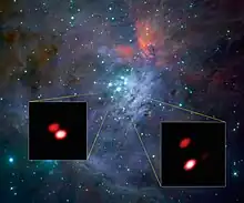 One of the components of the cluster (Theta1 Orionis F, lower left) is a double star.