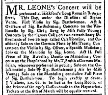1766, March 17. Benefit concert Advertisement for Gabriele Leone at Hickford's Long Room.