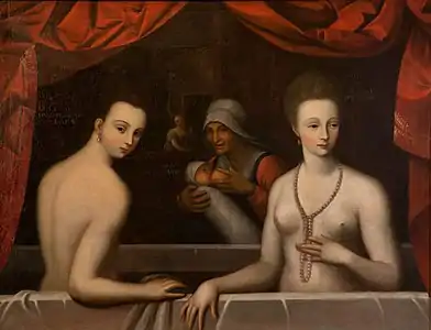 Julienne d’Estrées is on the left; Gabrielle d’Estrées is on the right.
