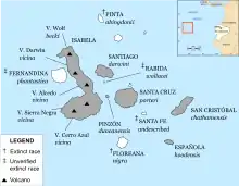 A map of the Galápagos with labels for names of the islands and their native species of tortoise