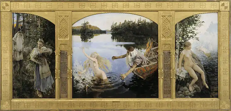 Aino Myth, Triptych, Akseli Gallen-Kallela, 1891, where the middle panel depicts her final appearance to Väinämöinen in fish form (fi)