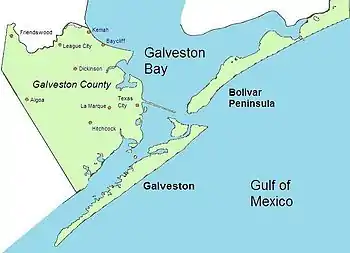A map of the area at the mouth of Galveston Bay showing Galveston county which encompasses the island, the Bolivar Peninsula to the east, and a portion of the mainland to the west