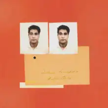 Orange background with two identical photos of Dave Le'aupepe's father and a light orange envelope sitting in the foreground.