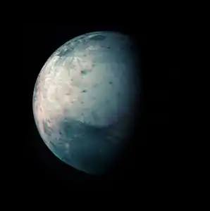 Infrared image of Ganymede taken during the Juno flyby in July 2021. Image Credits: A. Mura -Juno/JIRAM – ASI/INAF/JPL-Caltech/SwRI