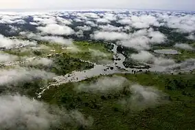 Bird's eye view of a river running through grassland interspersed by trees.