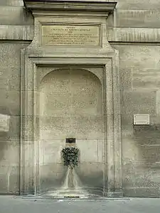 Fontaine Palatine, Rue Garanciére, 6th arrondissement.  Built by Princess Anne Henriette of Bavaria in 1715.  When her house was torn down in 1913, the fountain was rebuilt on the same site.