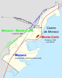 Railway stations in Monaco. The present-day station is indicated by light-green dots.