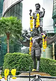 A statue in Bangkok depicting Vishnu on his vahana Garuda, the eagle. One of the oldest discovered Hindu-style statues of Vishnu in Thailand is from Wat Sala Tung in Surat Thani Province and has been dated to ~400 CE.