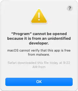 Screenshot of a system alert, informing the user that the application cannot be opened, because it was not signed by a registered developer.