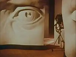 Photograph showing a rectangular plaster sculpture standing on a floor. The sculpture shows a portion of a person's face with the eye, eyebrow, and part of the upper cheek. The sculpture is about 2 meters (6 ft 7 in) high and 1 meter (3 ft 3 in) wide. There is a second, similar sculpture of a person's mouth that is standing closer to the viewer; only a portion of it is visible. There is a television camera on wheels between the two sculptures.