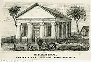 Lithographic print of Gawler Place Wesleyan Chapel, engraved, printed and published by H. C. Jervis from a depiction by C. W. Calvert