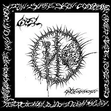 A black border with white lettering written in a heavy metal font with a defaced peace sign in the center of a white field