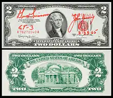 A 1953 $2-bill carried on the 1965 Gemini 3 mission and signed by Gus Grissom and Young