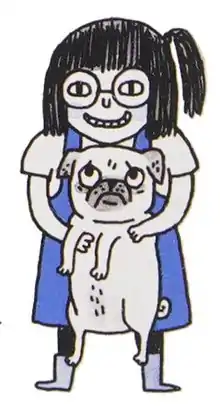The cartoonist and illustrator Gemma Correll, in a self-portrait first published in 2013, is shown holding a pug and smiling. The line drawing shows her wearing a blue dress over a white short-sleeved blouse; she is shown wearing her chin-length hair with bangs (fringe) partially up in a single ponytail off to one side.