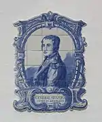 Portrait is labeled GENERAL SILVEIRA CONDE DE AMARANTE and is composed of ceramic tiles. The blue-tint illustration shows a clean-shaven man in a coat with epaulettes.