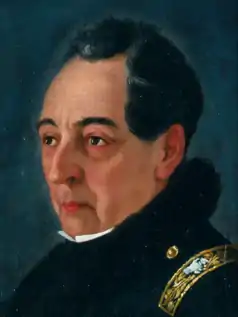 A headshot painting of a man (Felipe Codallos) in 19th-century military uniform