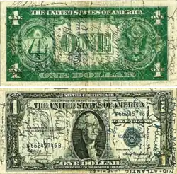 An American banknote (one dollar bill) that has several signatures on it.