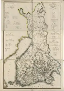 A map from 1825 illustrates the Grand Duchy of Finland, then part of the Russian Empire. The map has several creases from folding. Place names and legend are written in Russian Cyrillic script and Swedish.