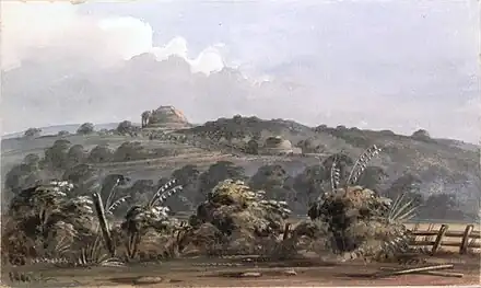 General view of the Stupas at Sanchi, watercolor by F.C. Maisey (The Great Stupa on top of the hill, and Stupa 2 at the forefront)
